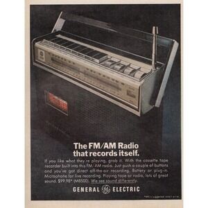 General Electric FM AM Radio & Cassette Recorder 2 Page Magazine Print Ad 1970